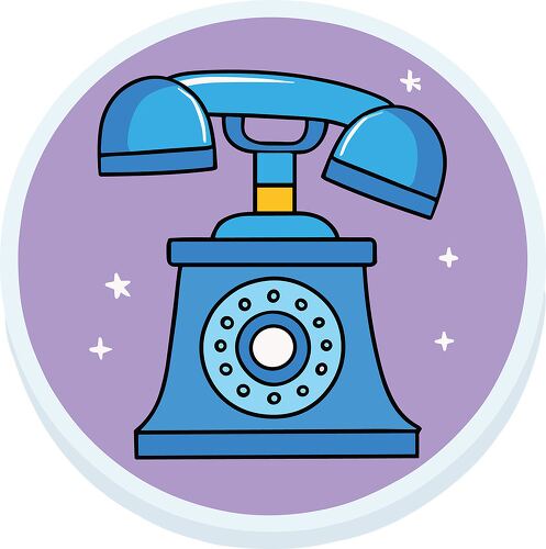 A blue rotary telephone illustrated in a cartoon style with a purple background and sparkles