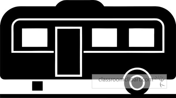 A simple black silhouette of a vintage travel trailer or caravan