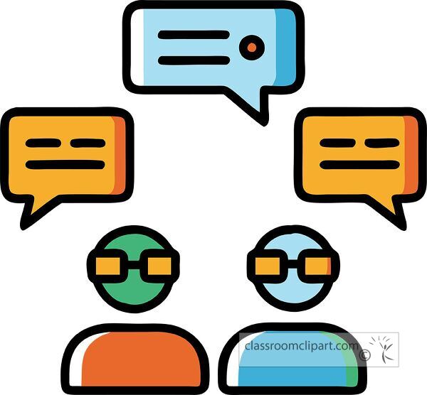 Colorful virtual reality chatroom icon features two characters and speech bubbles