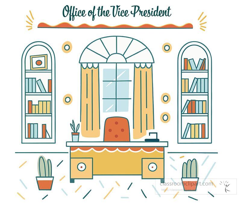 Detailed illustration of the office of the vice president featuring a window bookshelves a desk and potted plants The design includes a cozy and professional atmosphere