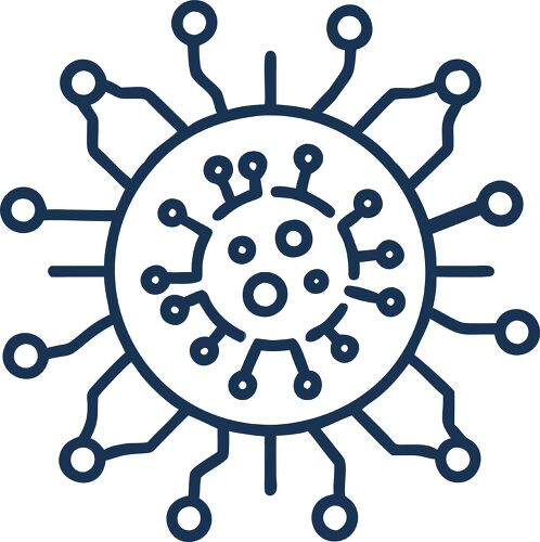 This icon represents a virus with circuits illustrating a blend of biology and technology.