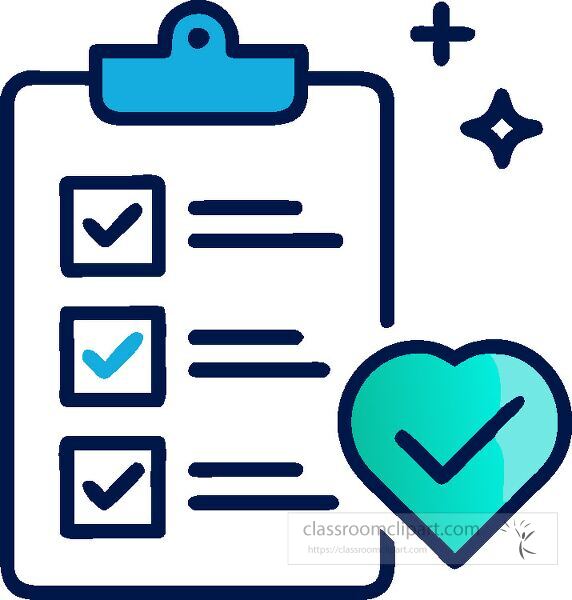 Icon of a clipboard with a checklist and heart for wellness.