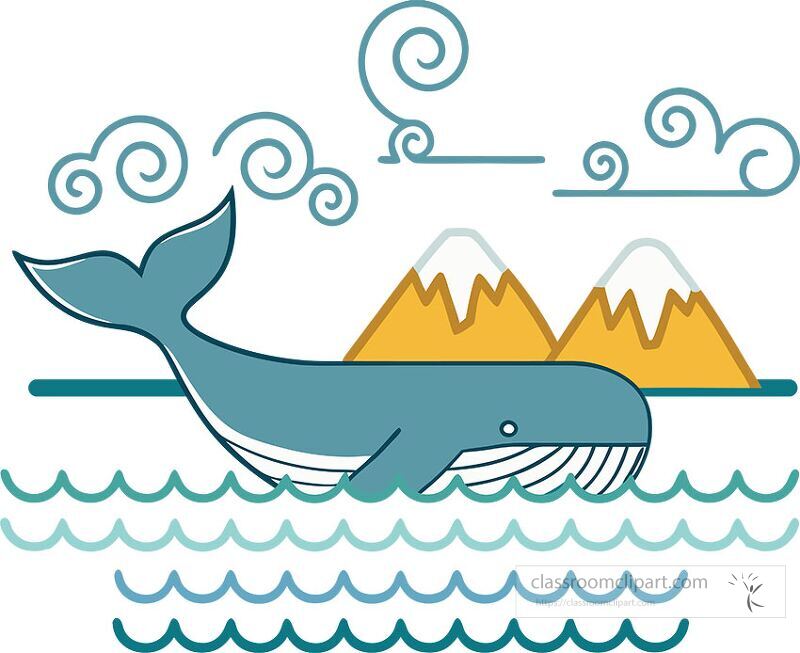 A whale is swimming in calm waters with snow capped mountains in the background and whimsical clouds floating overhead The scene captures a tranquil maritime environment