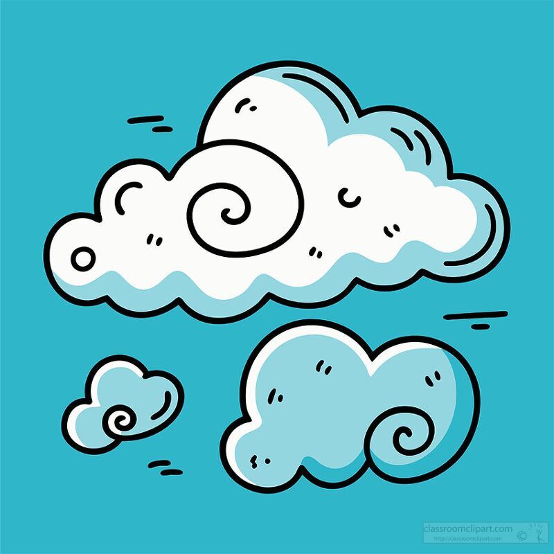 A whimsical illustration of clouds with swirls, set against a bright turquoise background. The clouds vary in size and have a cartoonish style, adding a playful touch to the image.