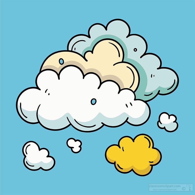 A whimsical illustration of clouds in various shapes and colors, including white, light blue, and a yellow cloud, set against a bright blue background.