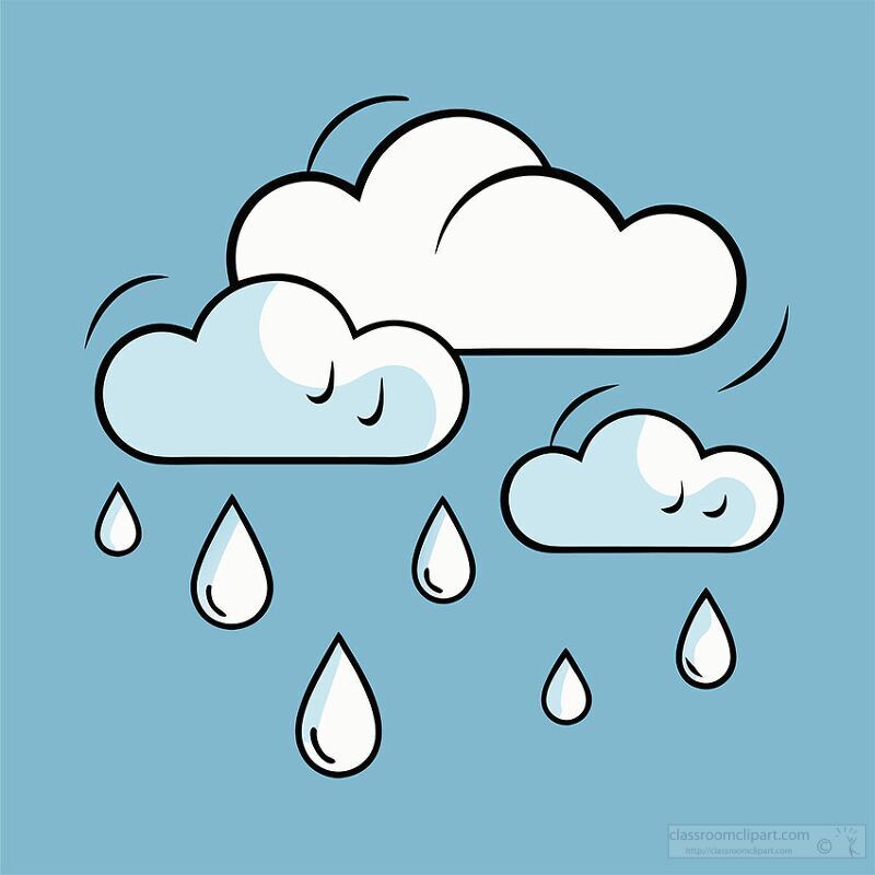 A whimsical illustration of two clouds with raindrops falling from them, set against a light blue background. The clouds have a cartoonish style, with smiling expressions.