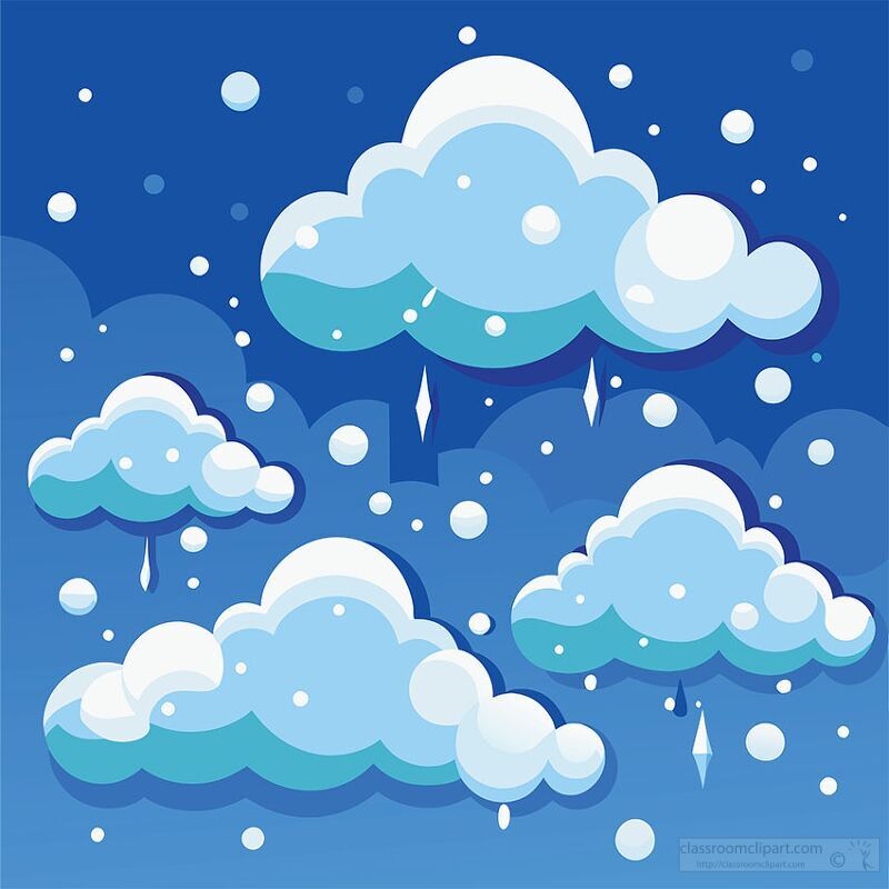 A whimsical illustration of fluffy clouds in a blue sky, with snowflakes and icicles falling from the clouds, creating a wintery scene.