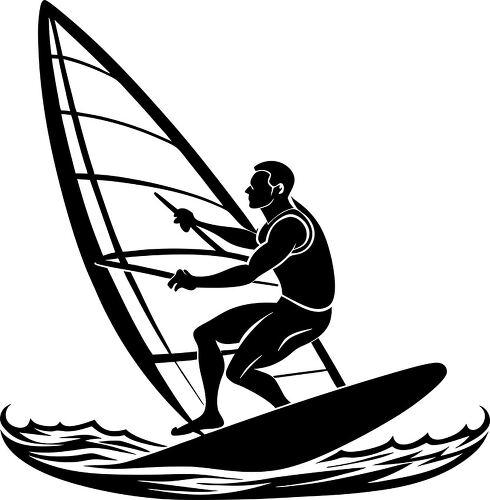 Silhouette of a windsurfer navigating waves with skill