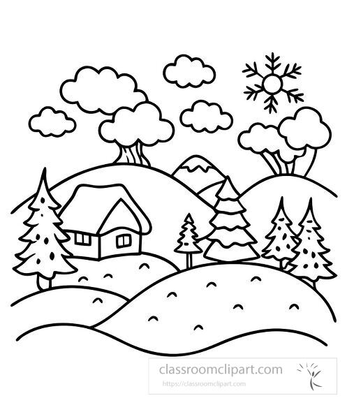  winter landscape with trees and a cozy cabin coloring page