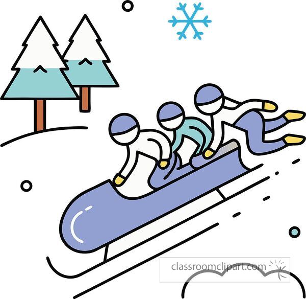 A colorful illustration of three people sledding down a snowy hill. The scene includes stylized trees and snowflakes, capturing a fun winter activity.