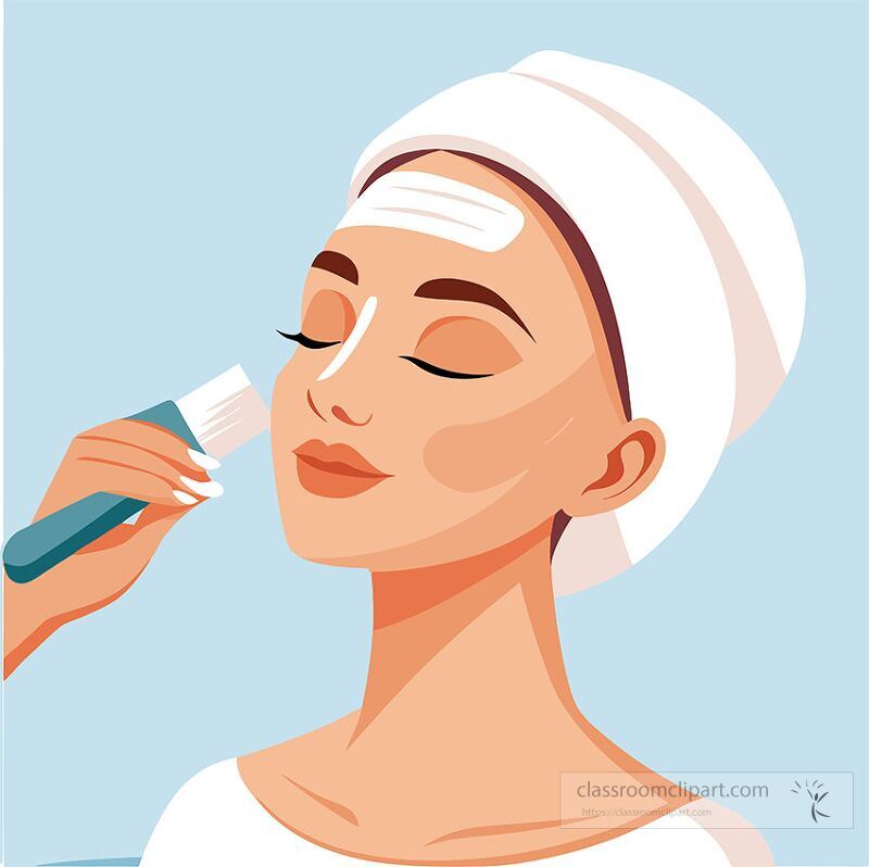 A woman relaxes while receiving a facial treatment She has a towel wrapped around her hair and a mask is being applied to her face The background is light blue creating a calming atmosphere