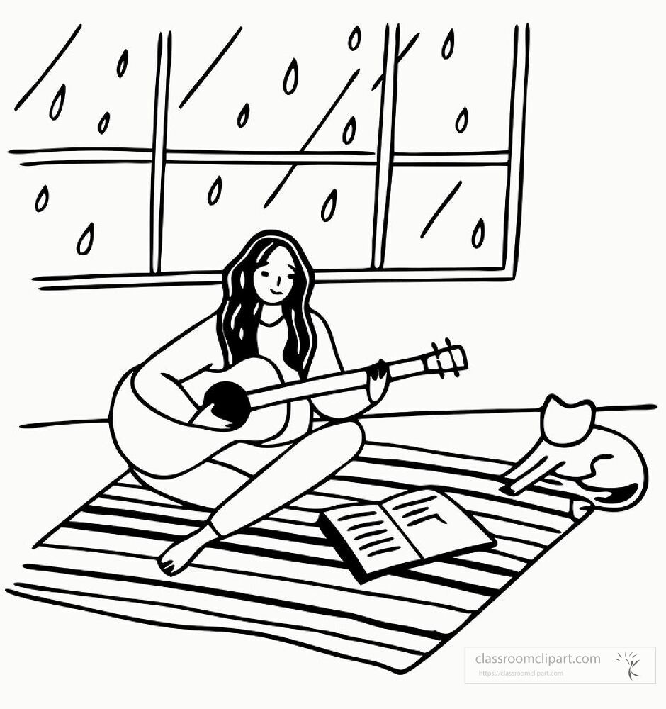 A woman sits barefoot on a rug strumming a guitar while a cat lies beside her Rain falls outside the window creating a cozy indoor atmosphere filled with creativity