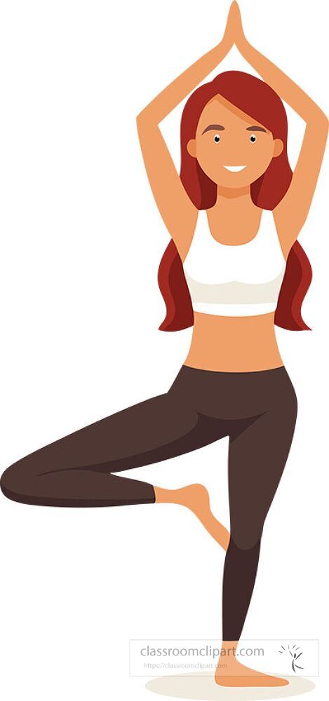 A woman with long brown hair stands in a yoga pose balancing on one leg with her hands raised above her head She is dressed in comfortable athletic wear and appears focused and serene