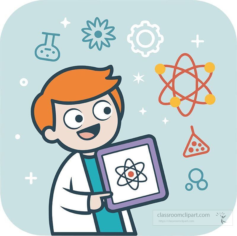 A cheerful young scientist holds a tablet displaying an atom illustration surrounded by various scientific symbols like beakers and gears emphasizing curiosity and learning in science