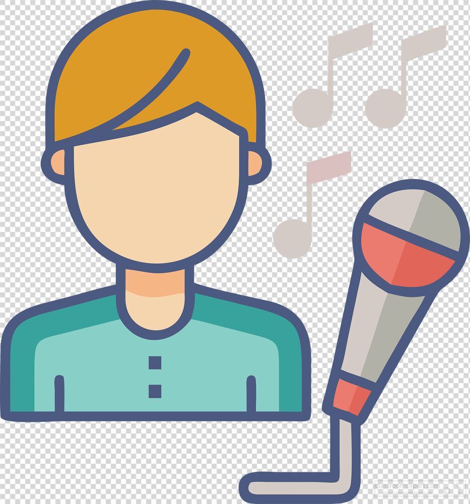 A passionate young performer stands with a microphone expressing emotions through song. Musical notes swirl around highlighting the joy of singing and sharing creativity with an audience.