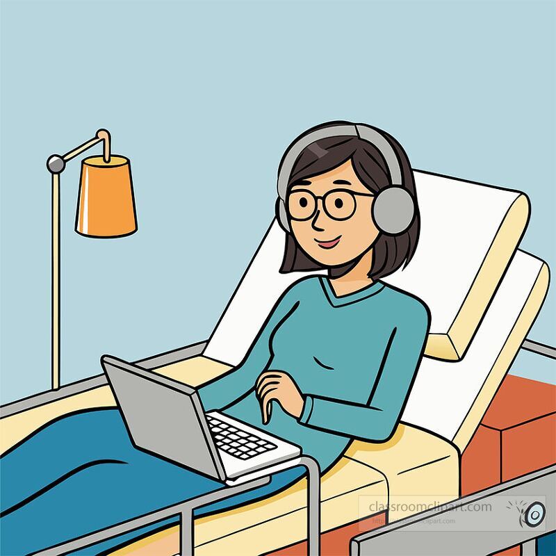 A young woman wearing glasses and headphones is comfortably resting in a hospital bed while using her laptop She appears relaxed and engaged in her activity